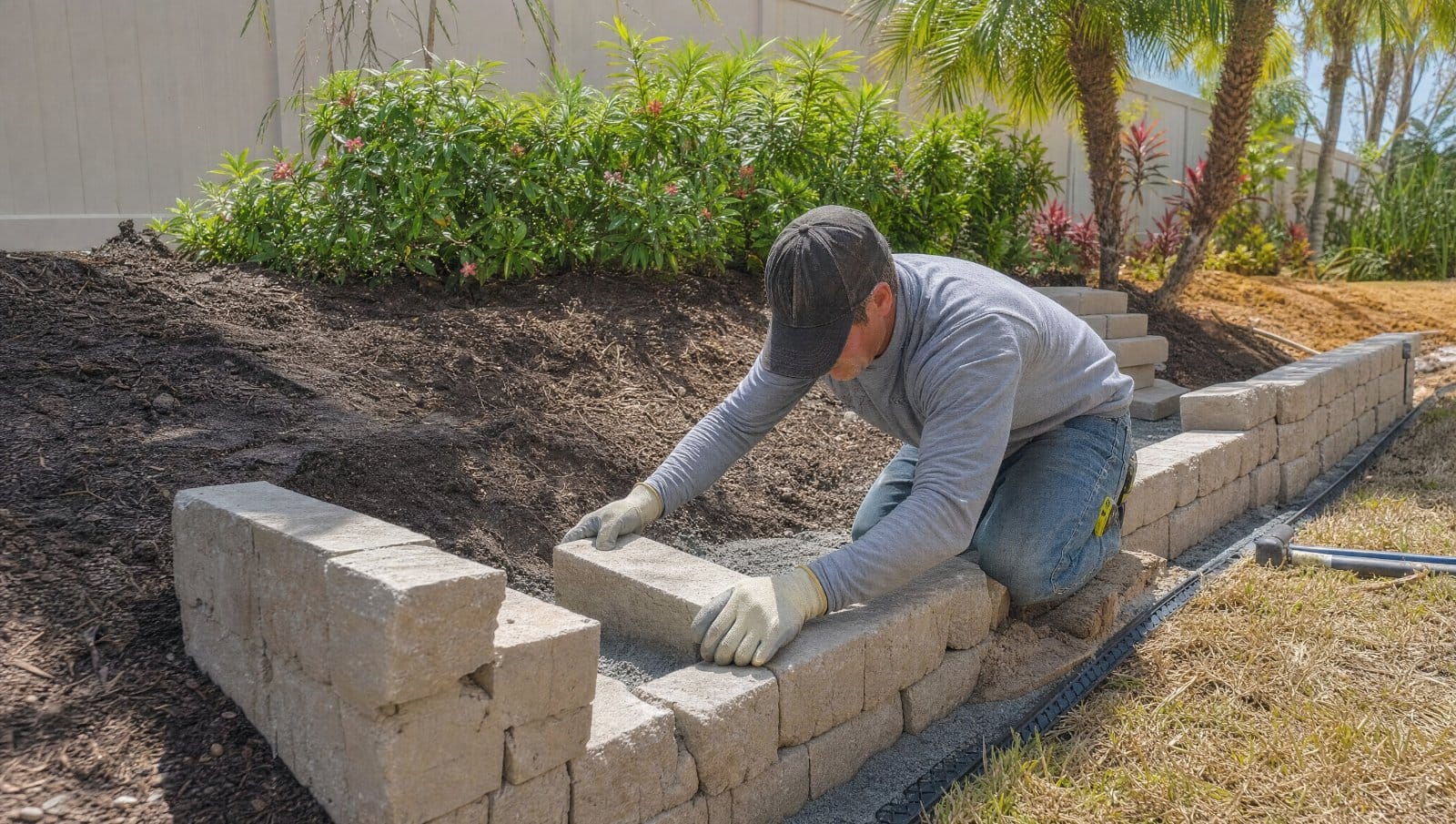 Person building a retaining wall with concrete blocks in a Florida yard