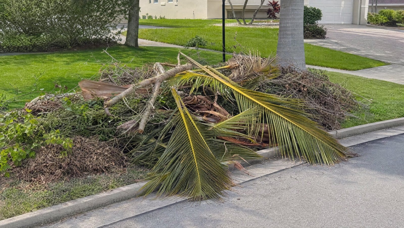 Yard waste and palm fronds stacked at the curb of a Central Florida home for disposal