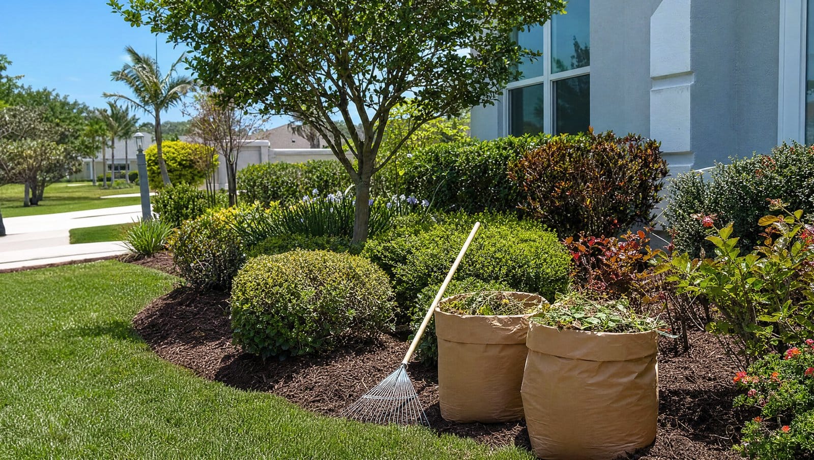 Central Florida yard during spring cleanup with fresh mulch and trimmed shrubs