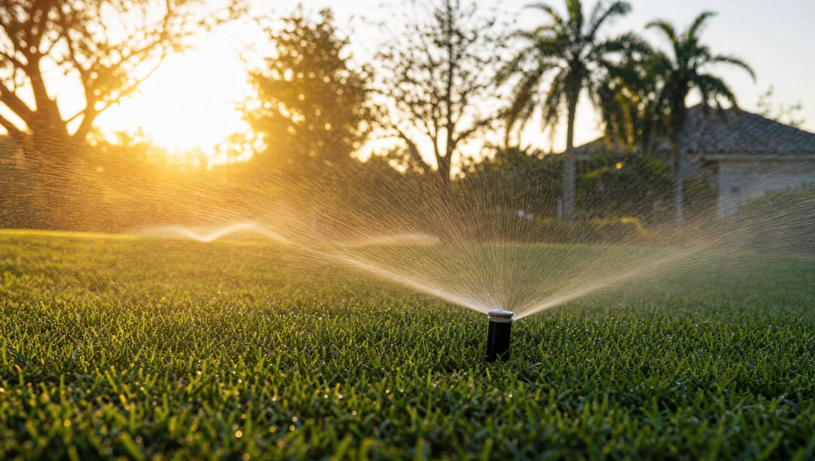 Lawn irrigation sprinkler head spraying water over a green Florida lawn at golden hour