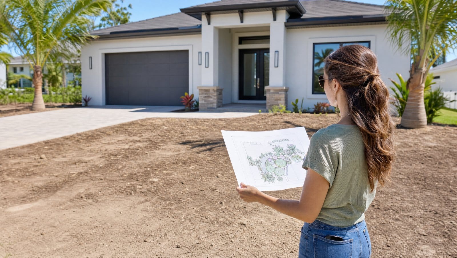 New Florida homeowner planning landscaping in a bare front yard of a new home