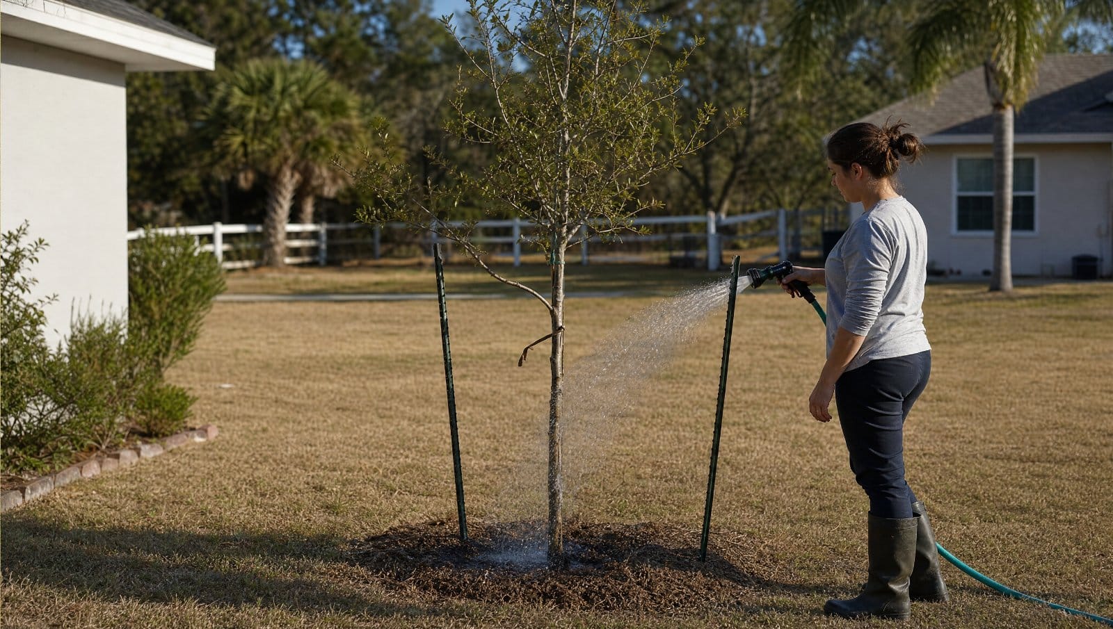 Person watering a young tree with a garden hose in a Central Florida yard during dry weather