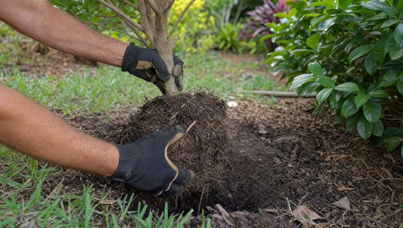 Gloved hands digging up a small tree with its root ball for replanting in a Florida yard