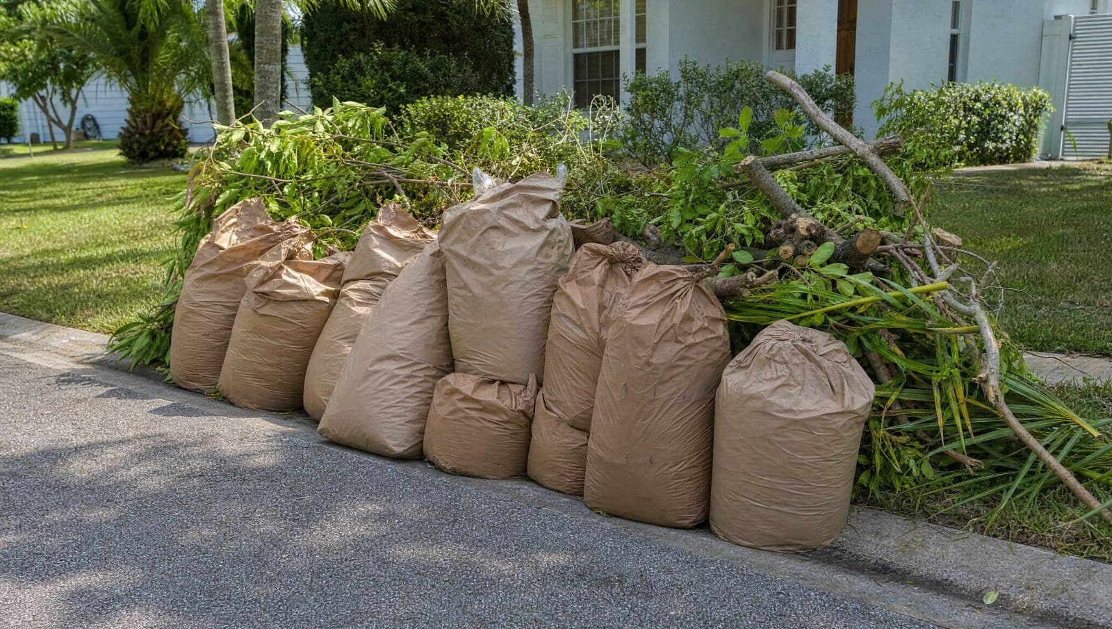 Bagged yard debris and tree branches piled at the curb of a Florida home for pickup