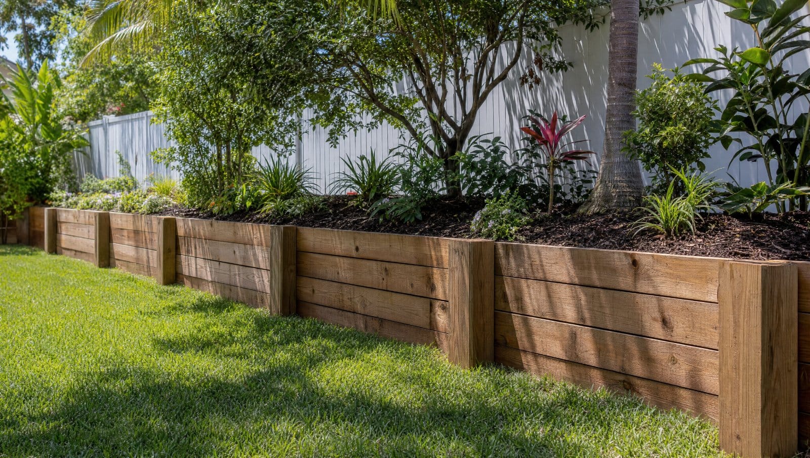 Attractive timber wood retaining wall holding a landscaped garden bed in a Central Florida backyard