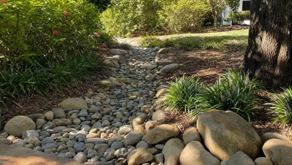 Dry creek bed with river rocks winding through a Central Florida yard for drainage