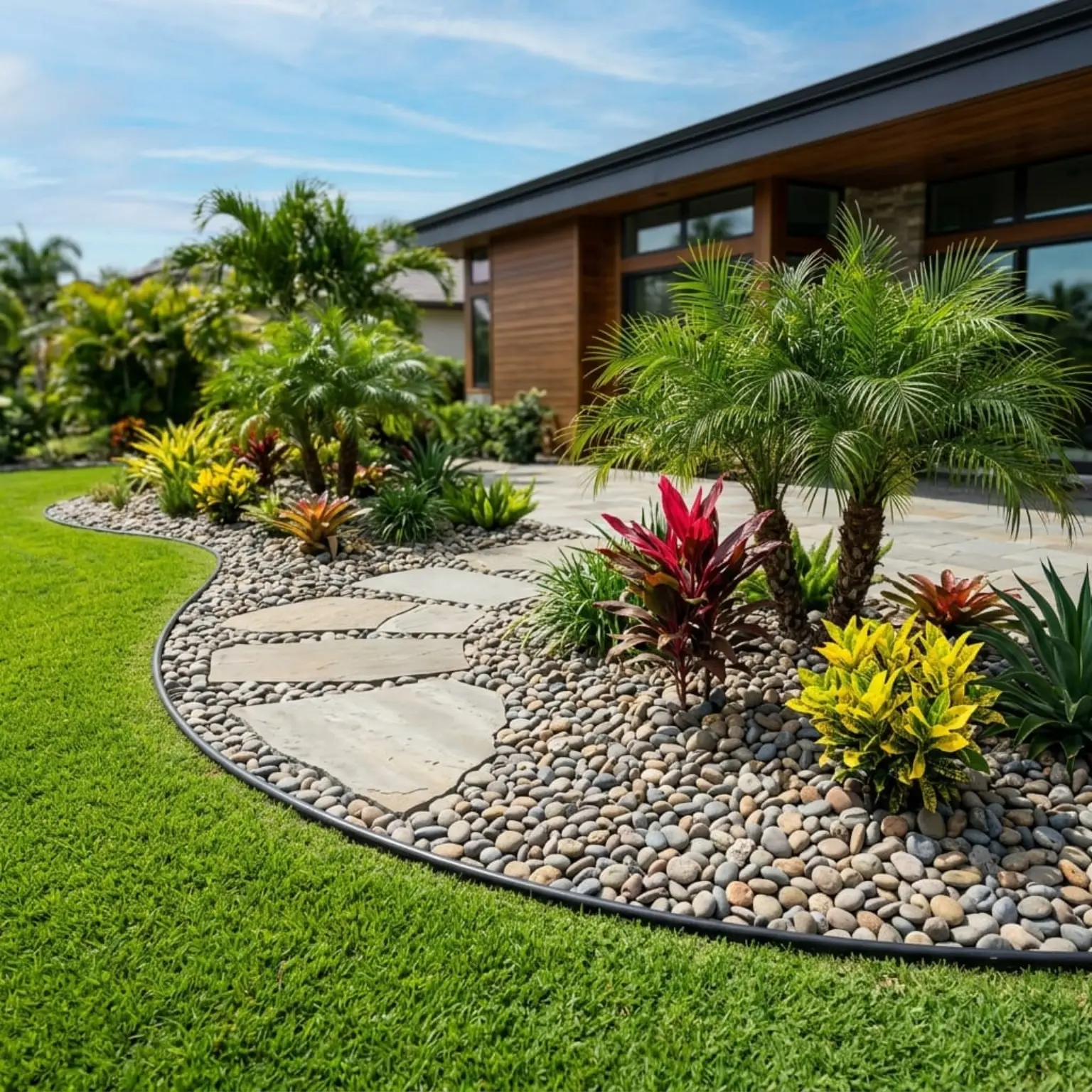 Completed hardscape walkway featuring natural flagstone pavers, river rock borders, and lush tropical plantings at a Central Florida home
