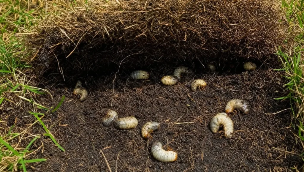 White grub worms in soil under a peeled-back patch of brown Florida lawn