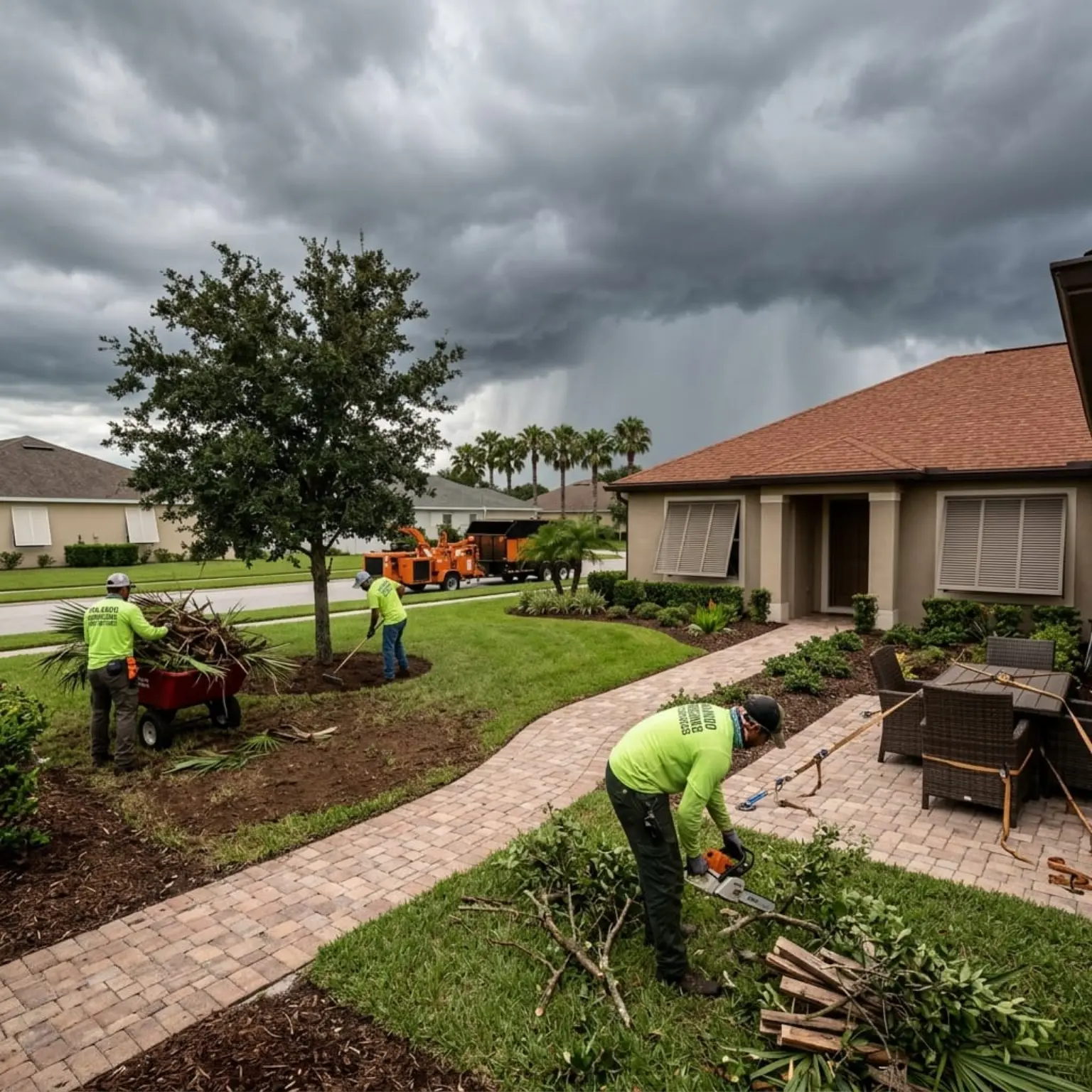 Tree service crew in hi-vis gear with chipper truck clearing branches before approaching storm in Central Florida neighborhood