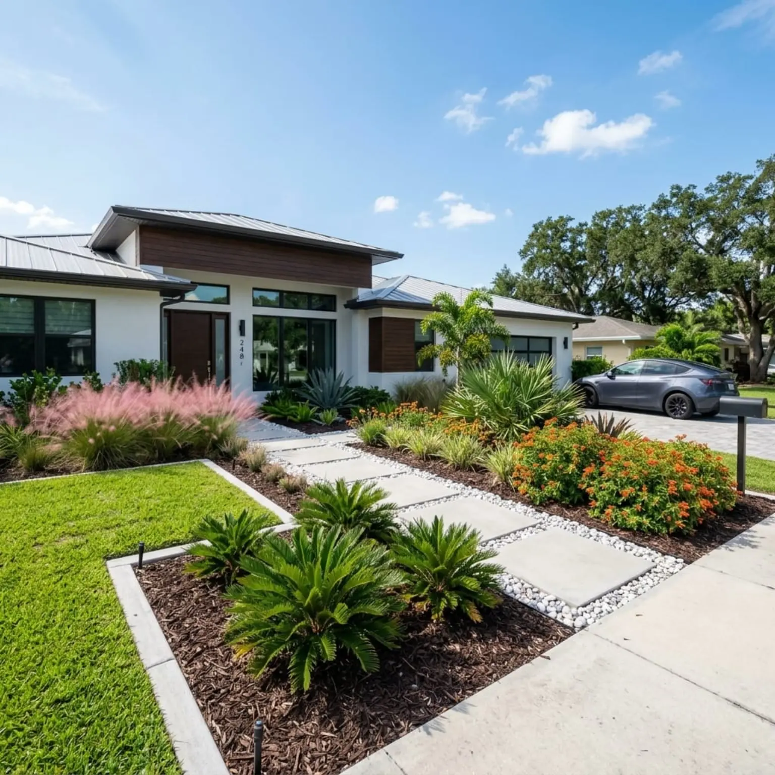 Contemporary Florida home with modern landscape design featuring sago palms, muhly grass, stepping stones, and tropical plantings