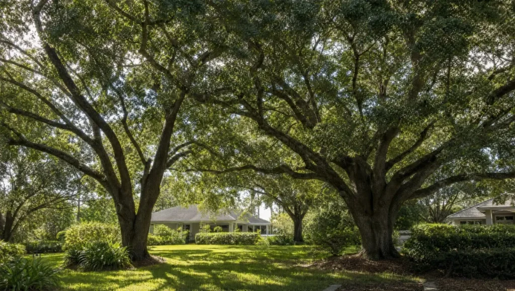 Two large live oak trees with spreading canopies in a Central Florida yard