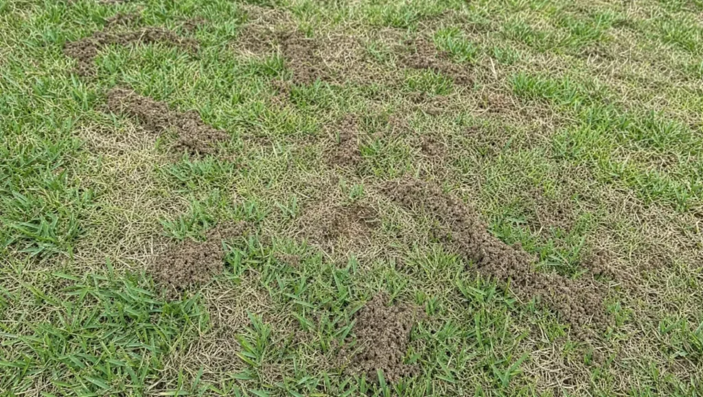Mole cricket tunneling damage and brown patches in a Florida lawn