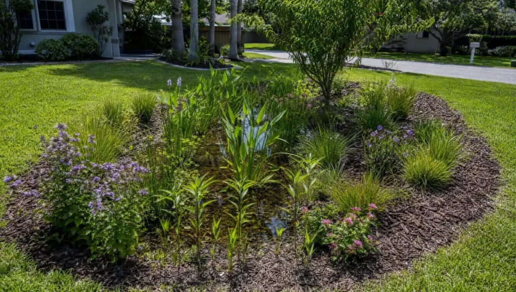 Planted rain garden with native flowers in a shallow basin in a Central Florida yard