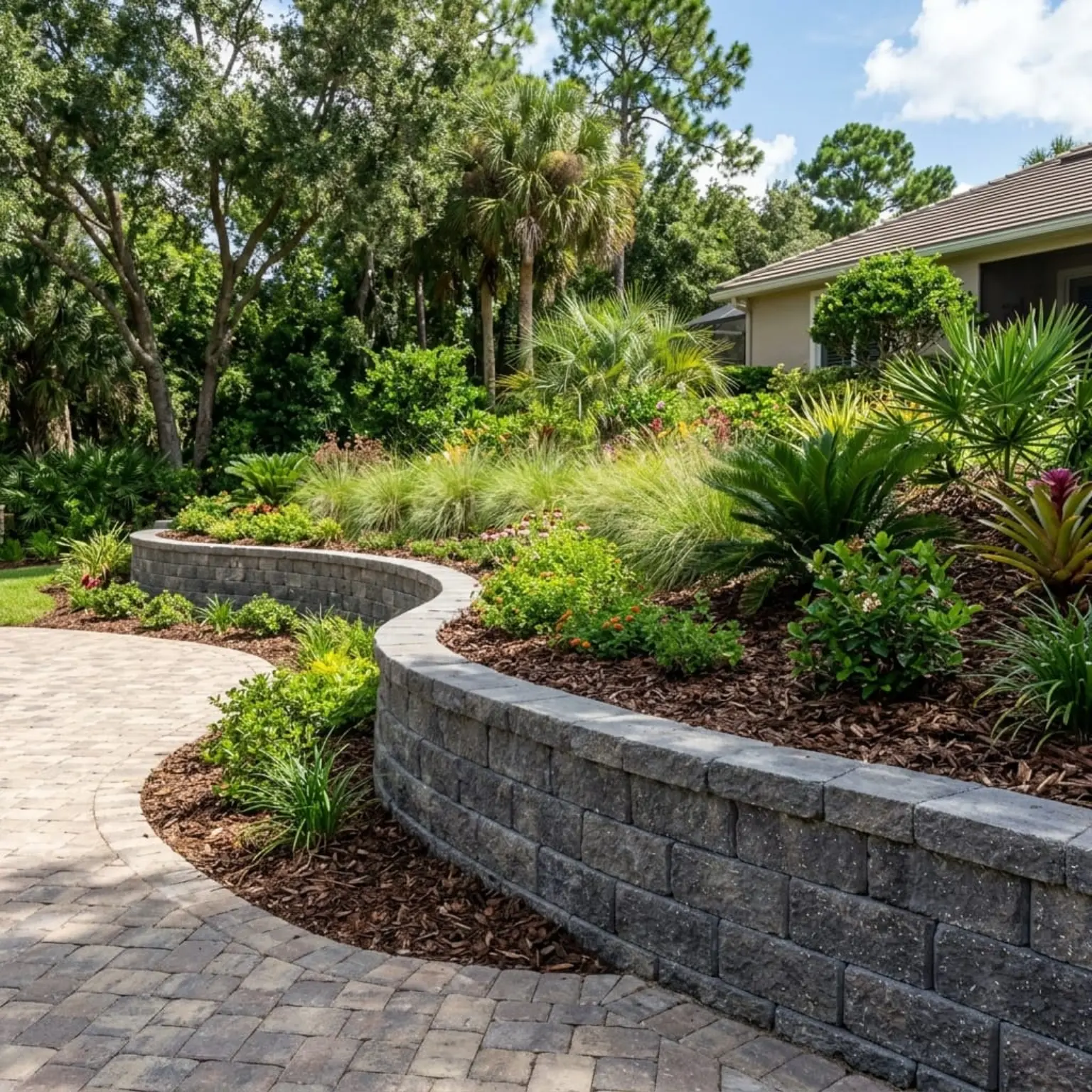 Curved concrete block retaining wall with lush tropical plantings and paver walkway at a Central Florida home