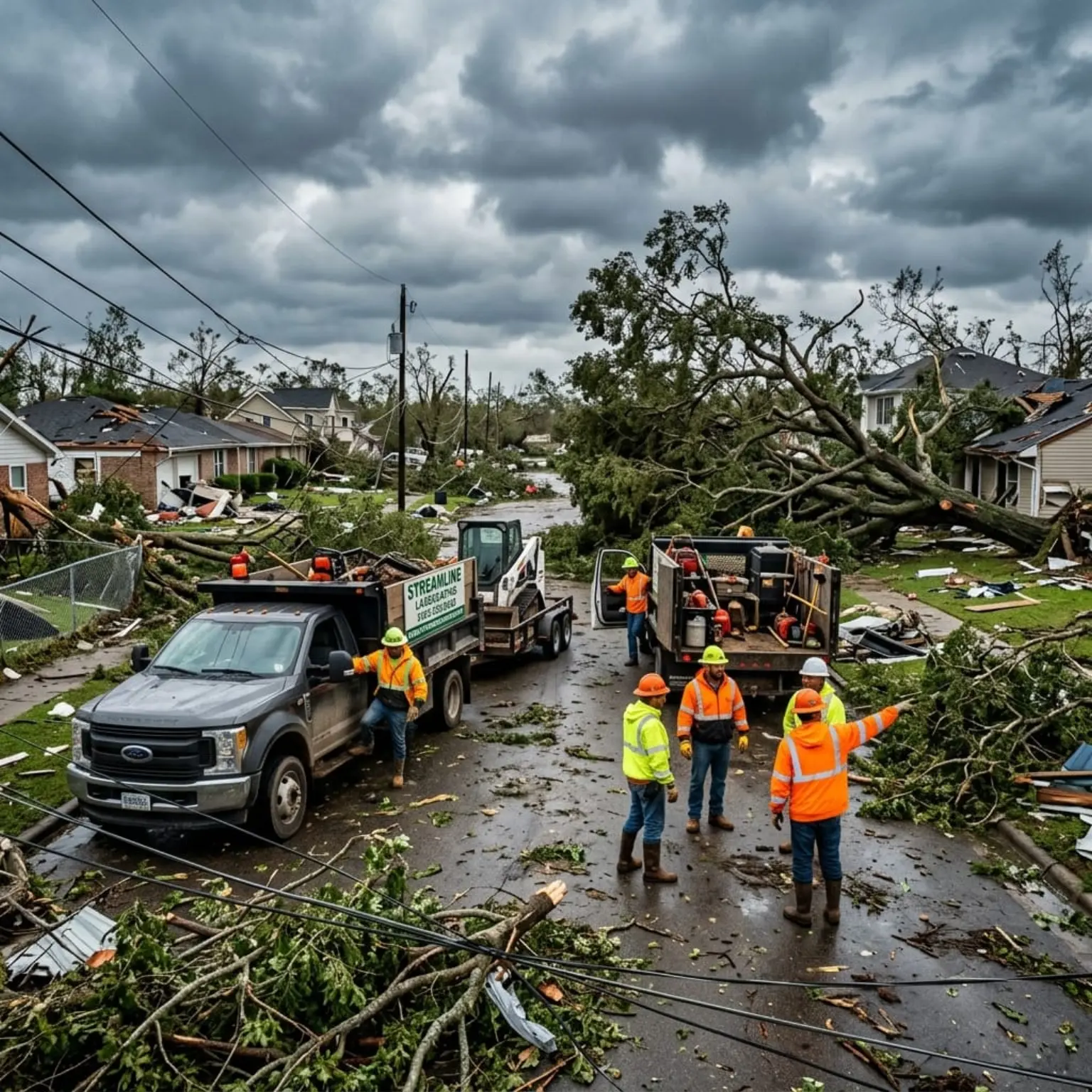 Emergency tree removal crew with trucks and equipment clearing massive fallen trees from Florida neighborhood street after hurricane