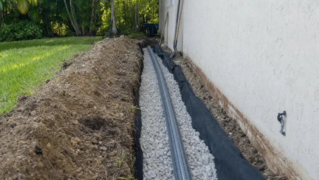 French drain trench with gravel and perforated pipe for yard drainage in Florida