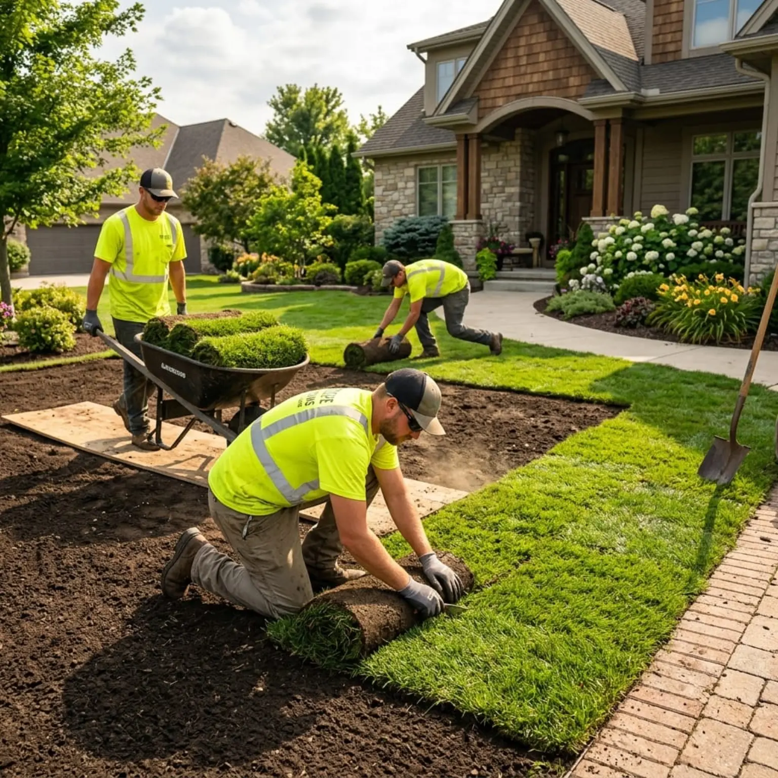 Three-person crew in hi-vis vests hand-laying sod rolls with wheelbarrow at a Florida residential property