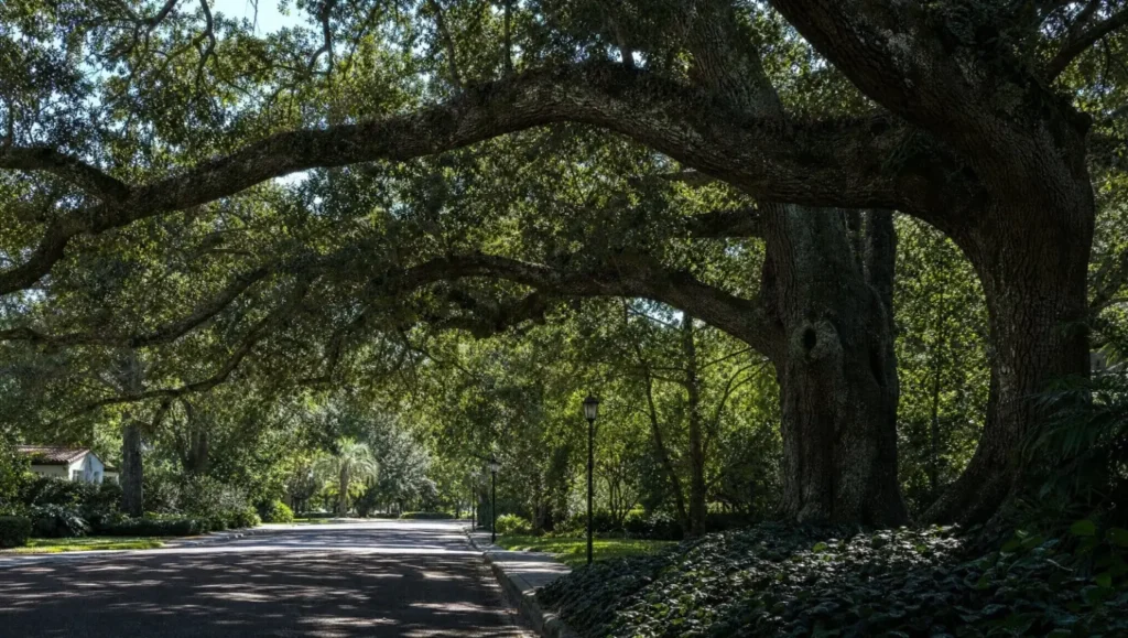 Mature protected live oak on a shaded Winter Park Florida street