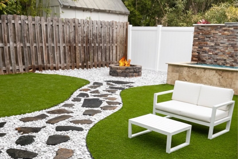 Custom natural-stone stepping path with artificial turf, white river rock and a fire-pit lounge — landscape design and build by DeAngelo's Land Services