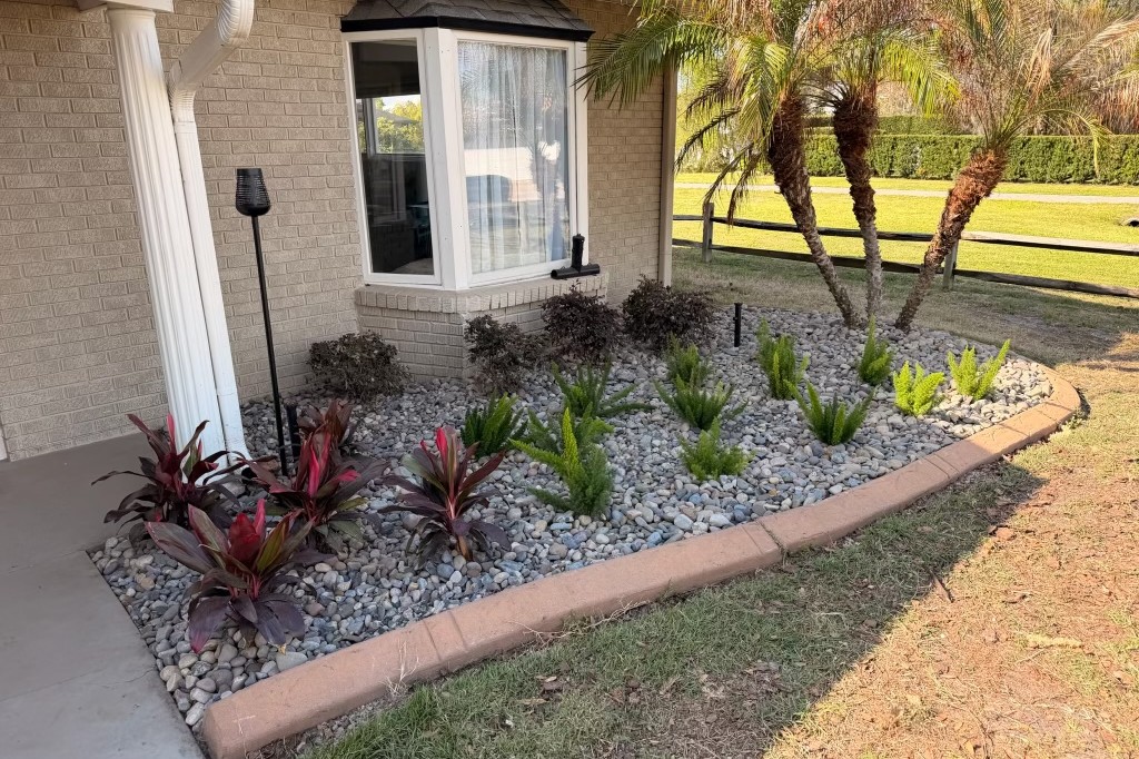 Cordyline and fern rock planting bed with palms along a Lake Mary, FL brick home — landscaping by DeAngelo's Land Services
