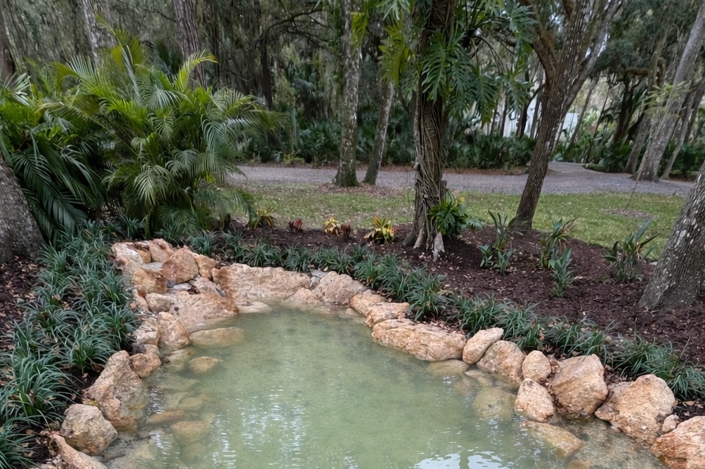 Stacked natural stone edging a garden water feature with layered plantings — stonework by DeAngelo's Land Services
